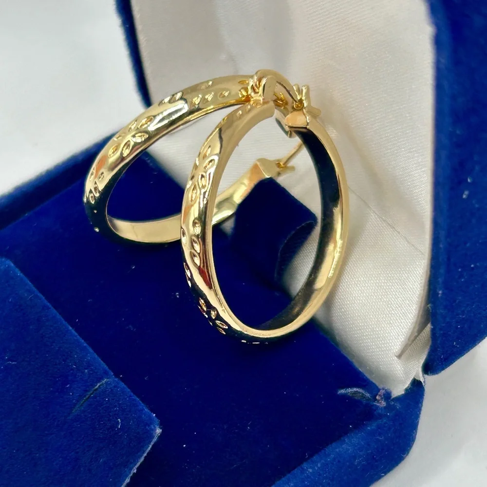 New 12k Gold Embossed Hoop Earrings - Picture 2 of 7